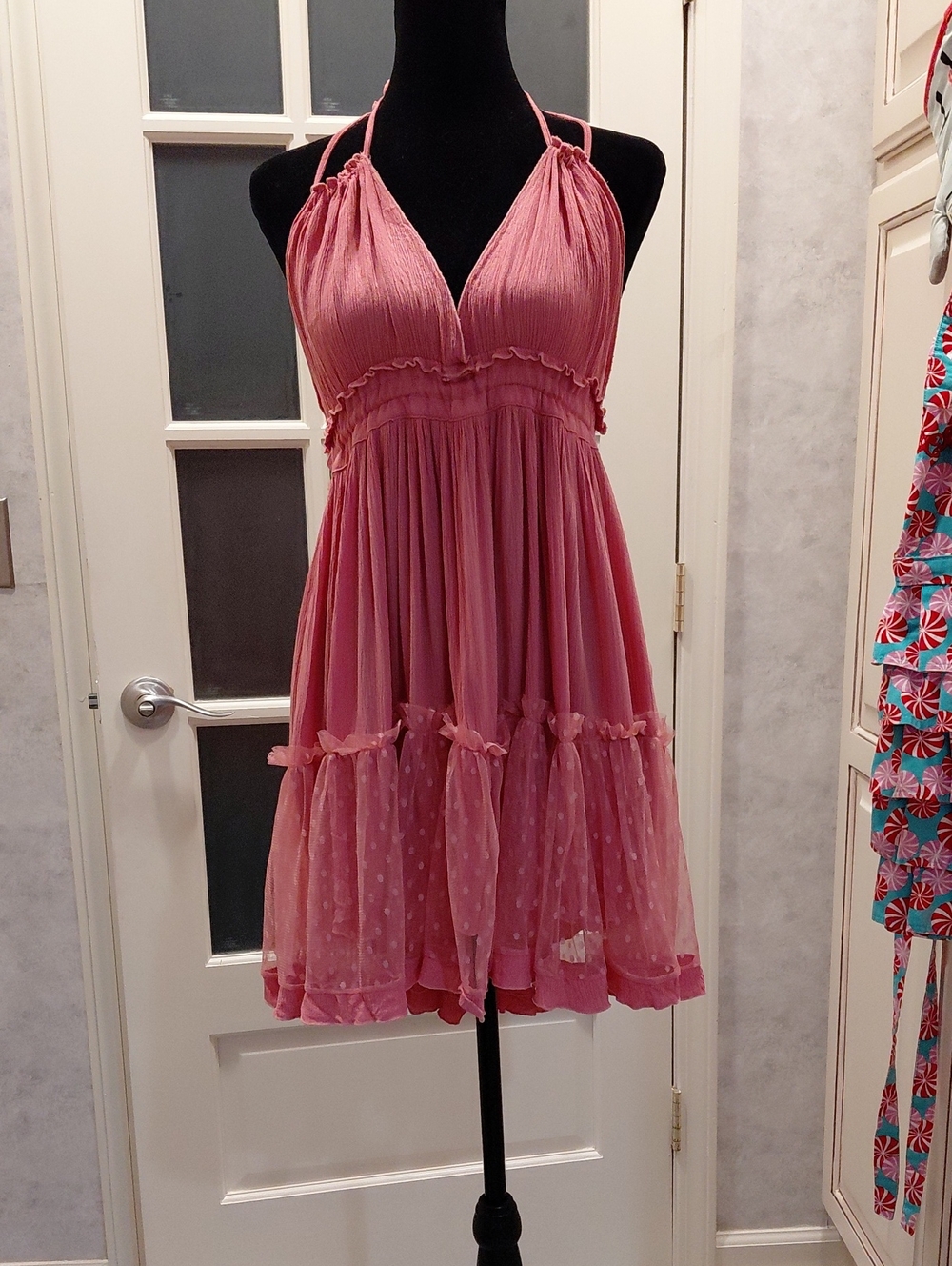 "Teeraphique" Sz. XS, Coral Pink Halter Mini Dress with Polka-Dot Mesh Tiers....
